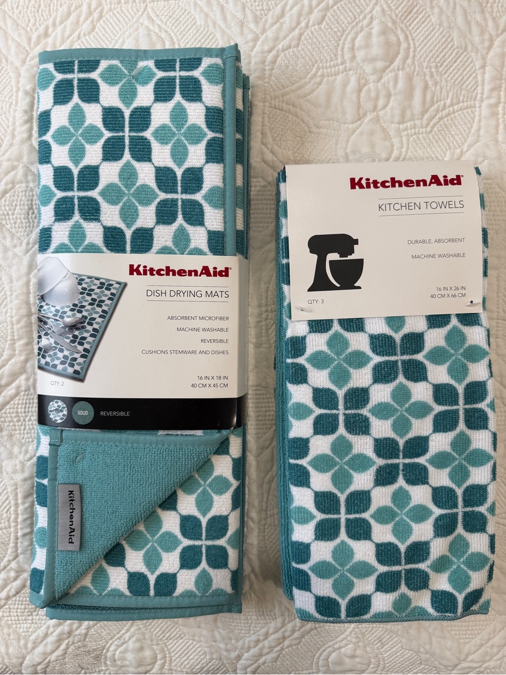 KitchenAid Teal and White Geometric Kitchen Towel & Drying Mat Set